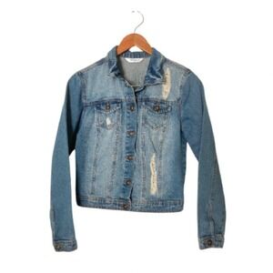 Highway Jeans Distressed Denim Jacket Blue Medium Button Front Pockets‎